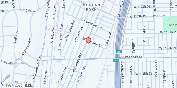 Map showing Apostolic Pentecostal Church of Morgan Park Inc. at 11401-13 S Vincennes Ave, Chicago, IL