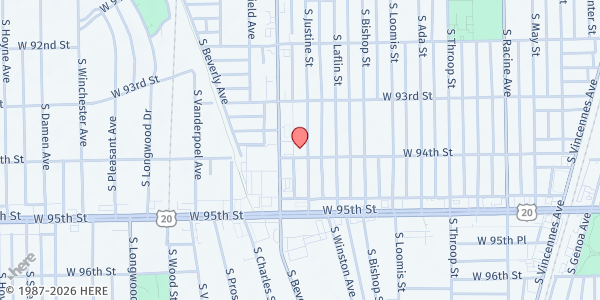 Map showing Beverly Hills SDA Church at 9356 S Justine St, Chicago, IL