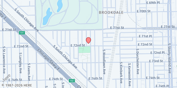 Map showing Carey Temple AME Church at 7157 S Greenwood Ave, Chicago, IL