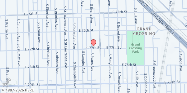 Map showing Carlene S. Lilly Seed of Hope Food Pantry at 740 E 77th St, Chicago, IL