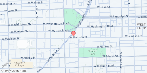 Map showing Chicago Temple Corps Community Center at 1 N Ogden Ave, Chicago, IL