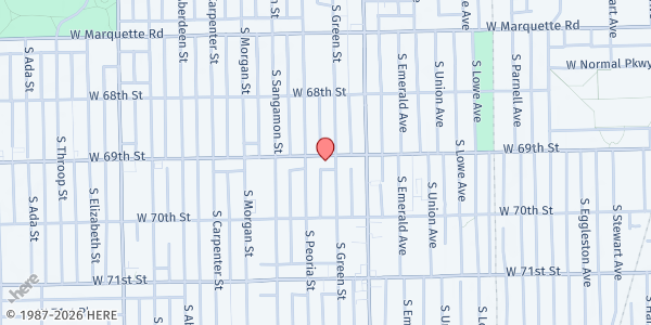 Map showing Englewood Red Shield Center at 845 W 69th St, Chicago, IL
