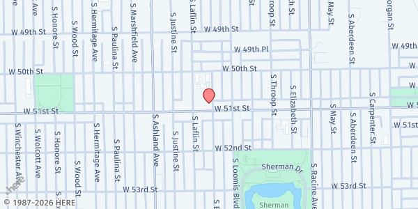 Map showing Frieda's Place (Soup Kitchen) at 1434 W 51st St, Chicago, IL