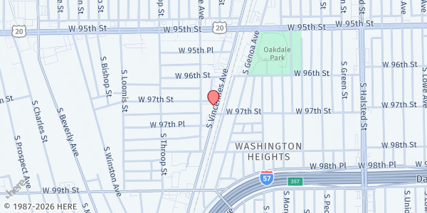 Map showing Greater Tabernacle MBC Vincennes at 9712 S Vincennes Ave, Chicago, IL