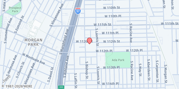 Map showing Holy Name of Mary at 1423 W 112th St, Chicago, IL