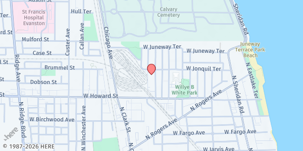 Map showing Howard Area Community Center at 7648 N Paulina St, Chicago, IL