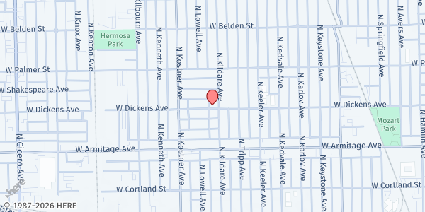 Map showing Life Impacters Foundation at 2100 N Kildare Ave, Chicago, IL