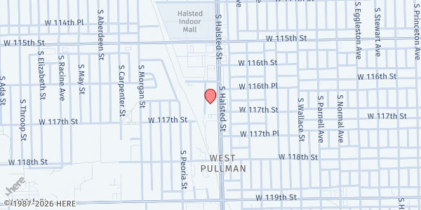 Map showing Lights of Zion Church at 11636 S Halsted St, Chicago, IL