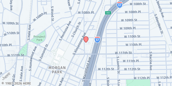 Map showing Manna Food Pantry at 11021 South Ashland Avenue, Chicago, IL