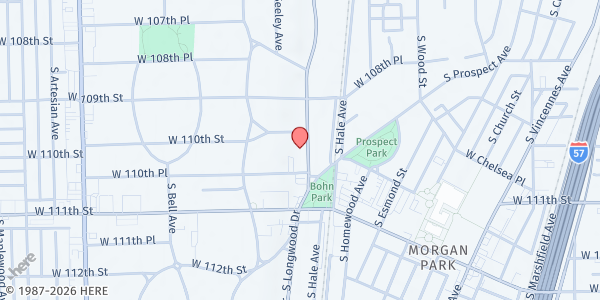 Map showing Maple Morgan Park Community Food Pantry at 11030 S Longwood Dr, Chicago, IL