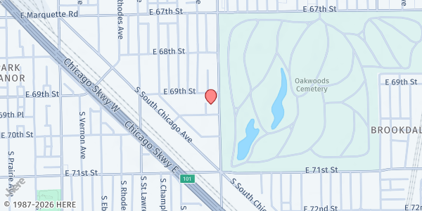 Map showing Martin Temple Community Foundation at 6930 S Cottage Grove Ave, Chicago, IL