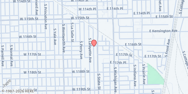 Map showing New Christian Joy Full Gospel Baptist Church at 11600 S State St, Chicago, IL