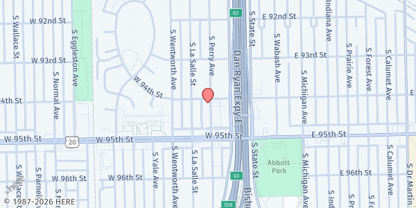 Map showing New Progressive MBC at 9406 S Perry Ave, Chicago, IL