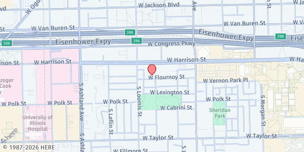Map showing Our Lady of the Holy Family at 1334 W. Flournoy St., Chicago, IL