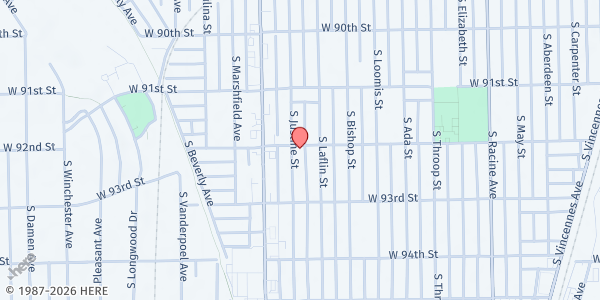 Map showing Shiloah Baptist Church at 9201 S Justine St, Chicago, IL