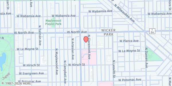 Map showing St Aloysius Parish at 1510 N Claremont Ave, Chicago, IL