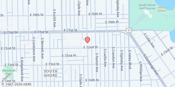 Map showing St Philip Neri Lady of Peace at 2132 E 72nd St, Chicago, IL
