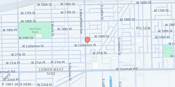Map showing St Pius V Parish at 1919 S Ashland Ave, Chicago, IL