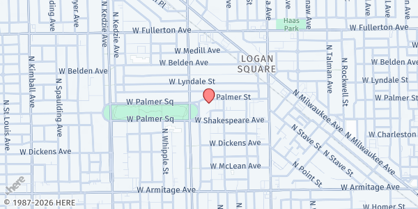 Map showing St Sylvester Parish at 2915 W Palmer St, Chicago, IL