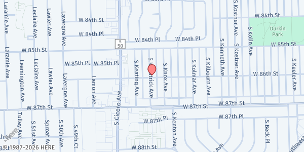 Map showing The Church of Pentecost USA Inc. at 8600 South Kilpatrick Avenue, Chicago, IL