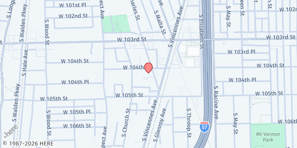 Map showing TRCDO Harvest for the World at 1415 W 104th St, Chicago, IL