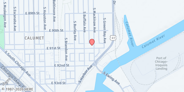 Map showing Trinity Resurrection United Church at 9046 S Mackinaw Ave, Chicago, IL