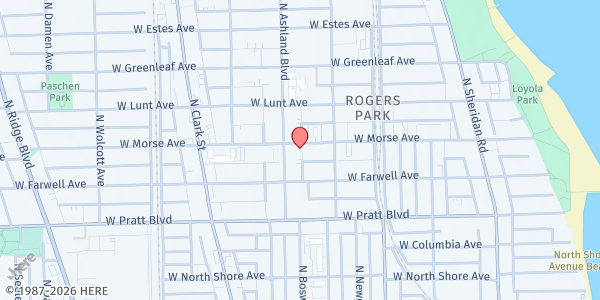 Map showing United Church of Rogers Park at 1545 W Morse Ave, Chicago, IL