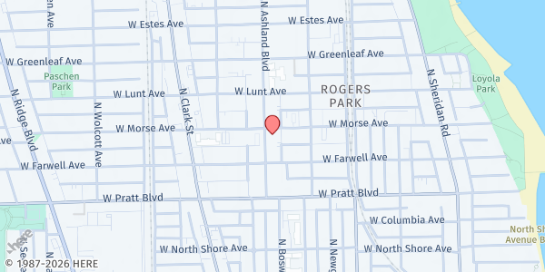 Map showing United Church of Rogers Park - Food Distribution Center at 1545 W Morse Ave, Chicago, IL