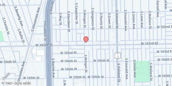 Map showing Whole Fold Ministries at 956-58 W 103rd St, Chicago, IL