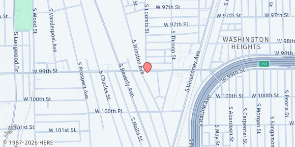 Map showing Zion Lutheran Church at 9905 S Winston Ave, Chicago, IL