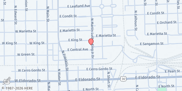 Map showing Northeast Community Fund at 839 N. Martin Luther King Jr Dr., Decatur, IL