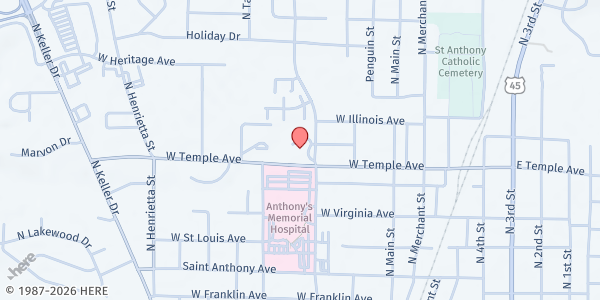 Map showing First Presbyterian Church Blessing Box at 600 W. Temple Ave., Effingham, IL