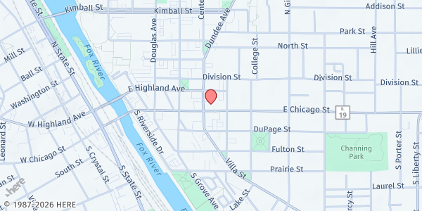 Map showing First Congregational UCC Soup Kitchen at 256 E. Chicago Street, Elgin, IL