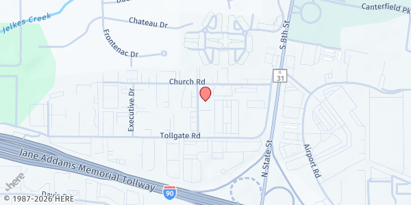 Map showing Food for Greater Elgin at 1553 Commerce Dr, Elgin, IL