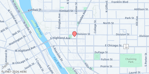 Map showing FUMC Soup Kitchen - Elgin at 216 E. Highland Avenue, Elgin, IL