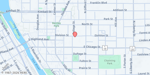 Map showing Holy Trinity Lutheran Soup Kitchen at 357 Division Street, Elgin, IL