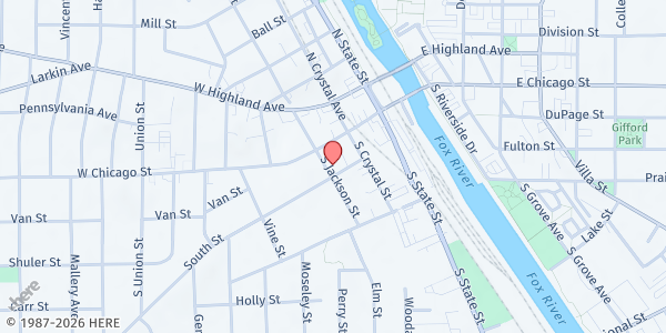 Map showing Zion Evangelical Lutheran Soup Kitchen at 330 S. Griswold, Elgin, IL