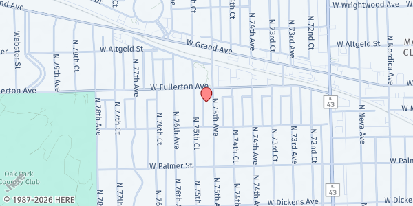 Map showing Elmwood Park Community Church at 2334 North 75th Avenue, Elmwood Park, IL