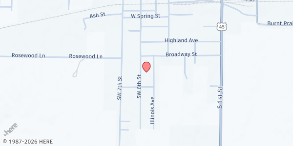 Map showing Jesus Name Pentecostal Church - Food for Thought at 1112 SW 6th St, Fairfield, IL