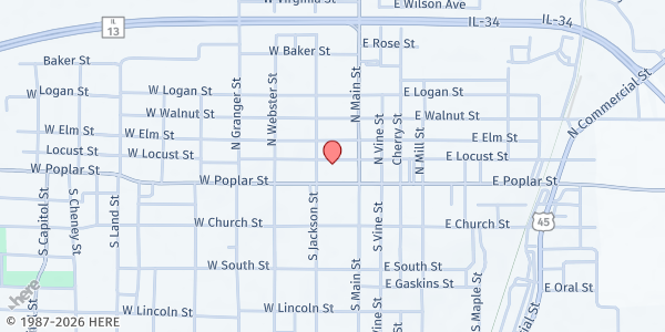 Map showing Heaven's Kitchen Harrisburg at 21 W Locust St, Harrisburg, IL