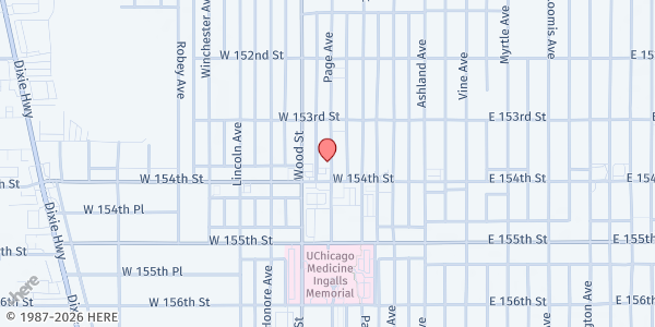 Map showing Thornton Township Food Pantry at 15340 Page St, Harvey, IL