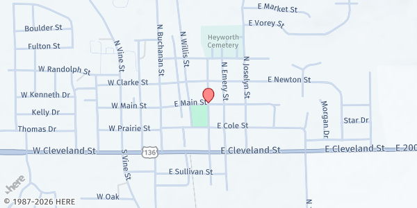 Map showing United Church of Heyworth at 302 E. Main St., Heyworth, IL