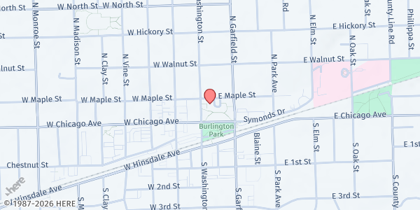 Map showing HCS Family Services - Hinsdale Drive-Thru Distribution at 20 E. Maple Street, Hinsdale, IL