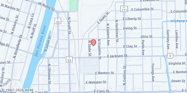 Map showing Our Lady of Mt. Carmel at 205 E Jackson St, Joliet, IL