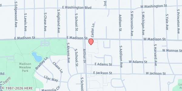 Map showing St. Pius - St. Vincent Depaul Food Pantry at 1025 E. Madison Street, Lombard, IL