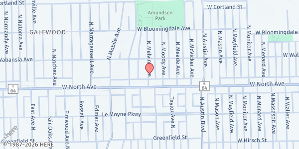 Map showing New Life Christian Fellowship at 6235 W North Ave, Oak Park, IL