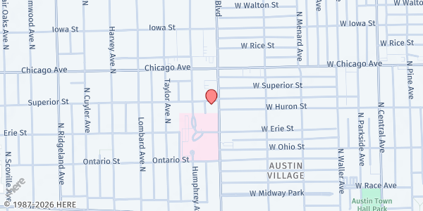 Map showing New Life Ministries COGIC at 634 N Austin Blvd, Oak Park, IL