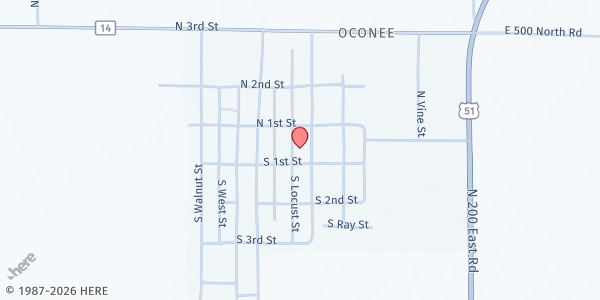 Map showing Oconee Baptist Church at 14 N. Locust, Oconee, IL