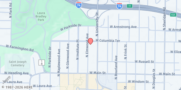 Map showing Bradley Epworth Food Pantry at 1316 W. Columbia Terrace, Peoria, IL