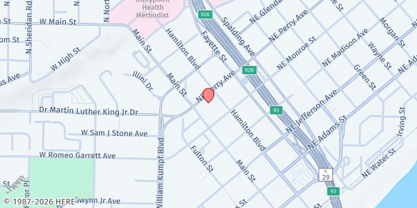 Map showing First United Methodist at 116 NE Perry Ave., Peoria, IL